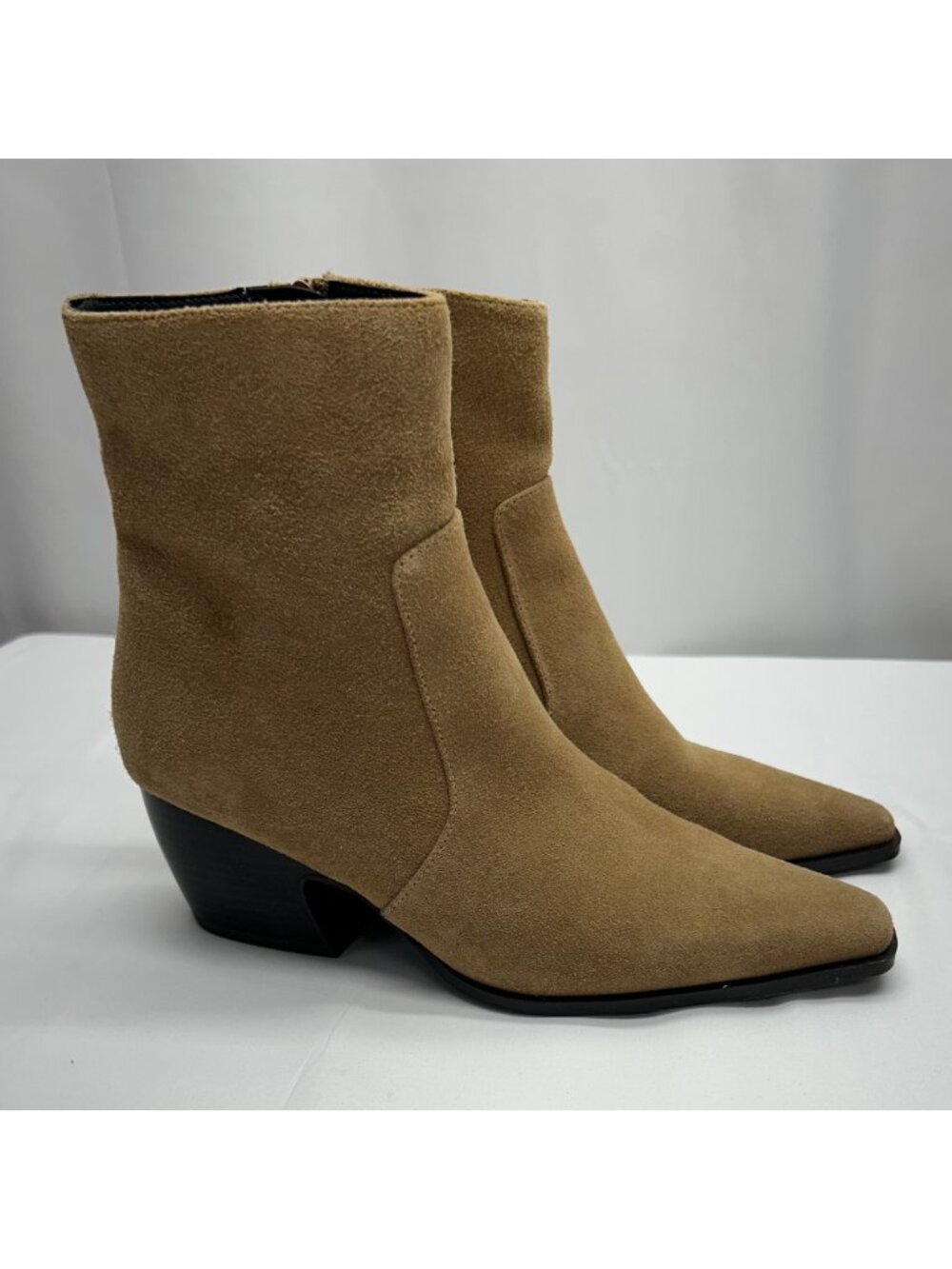 Franco Sarto Vittorio Ankle Boots Tan Suede Upper Black Block Heel Size 7.5 Poin
